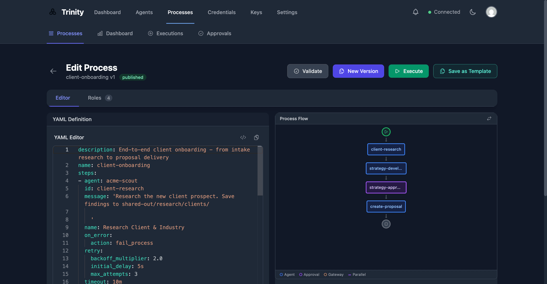 Trinity workflow editor with YAML definition and visual flow diagram