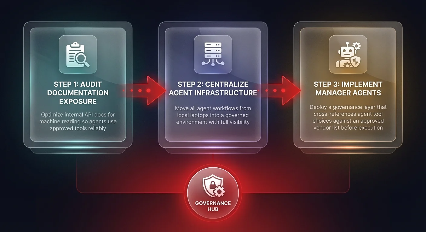 3-step governance framework showing how operations leaders can audit documentation exposure, centralize agent infrastructure, and implement manager agents to prevent shadow AI procurement
