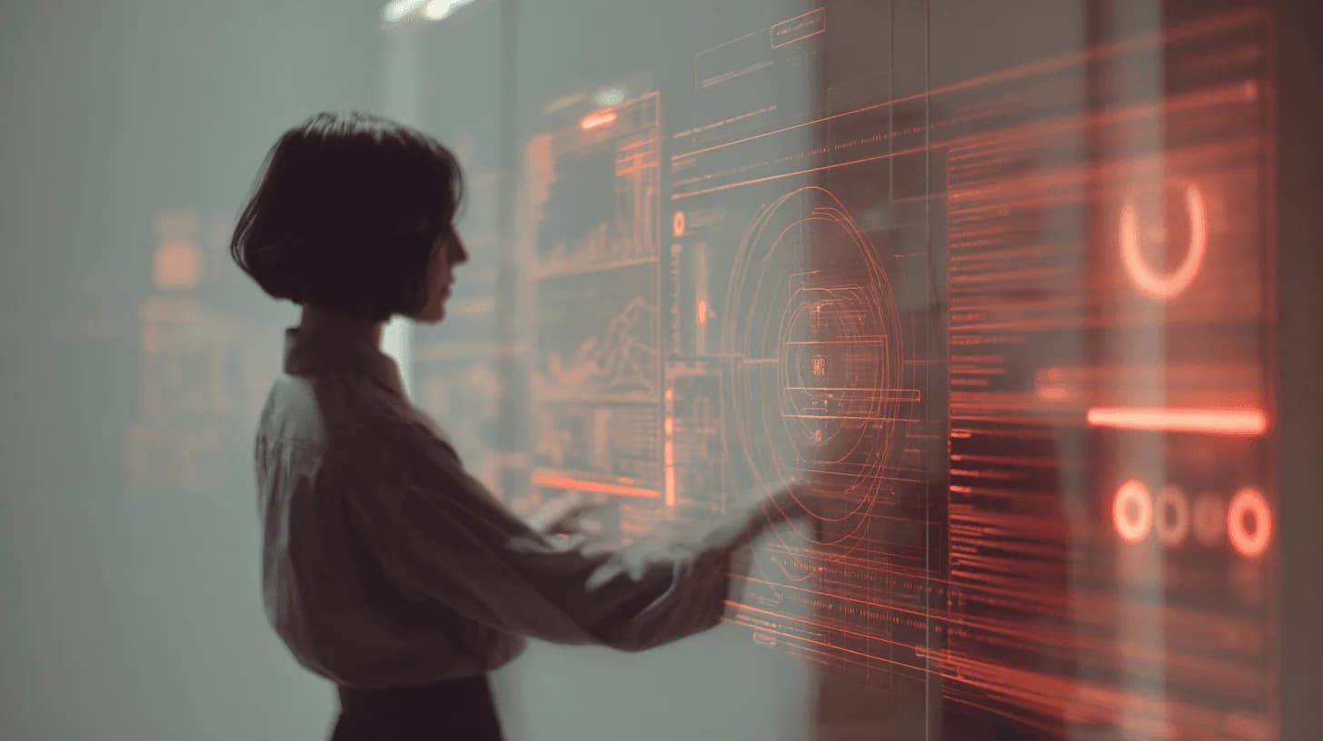 Person interacting with digital metrics/analytics interface with holographic displays