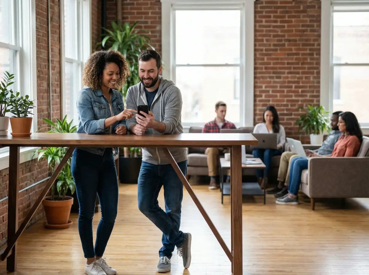 Reply.io team sharing knowledge in modern office