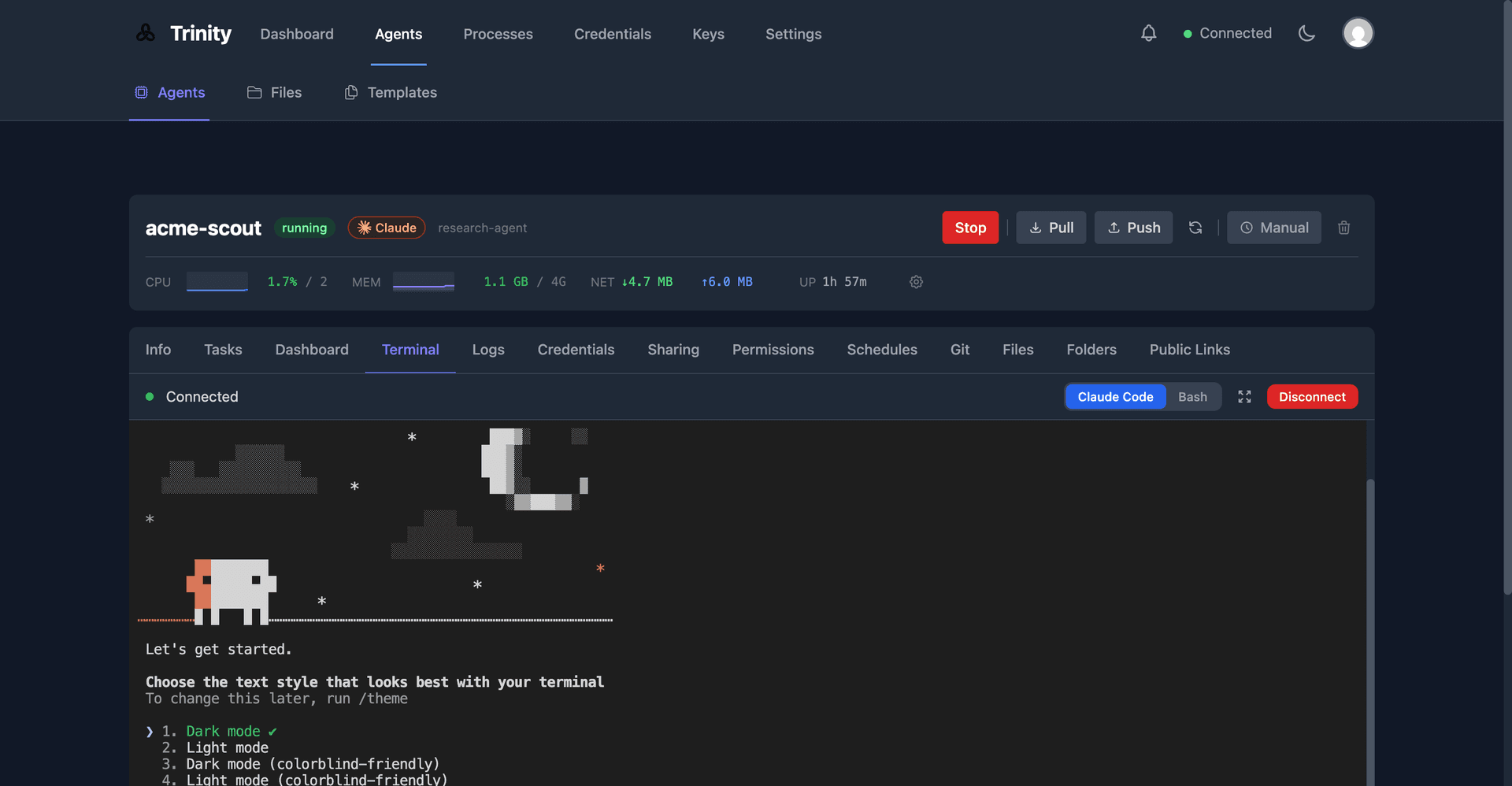 Trinity agent terminal with real-time interaction and resource monitoring