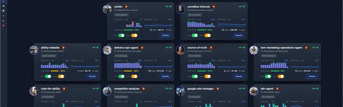 Trinity — the agent fleet in grid view